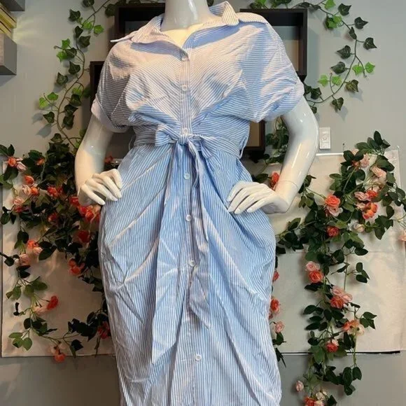 CUPSHE Short Casual Style Pin Stripe Button Down Light Blue Dress Size M - Picture 10 of 11